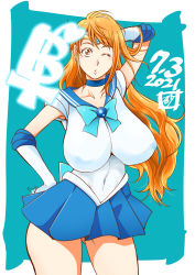 Rule 34 | 1girl, artist request, bishoujo senshi sailor moon, breasts, choker, cosplay, highres, huge breasts, impossible clothes, looking at viewer, nami (one piece), one eye closed, one piece, orange eyes, orange hair, sailor mercury (cosplay), sailor senshi uniform, skirt, sunahara wataru, tagme, wink