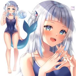 Rule 34 | 1girl, absurdres, artist name, bare shoulders, bloop (gawr gura), blue eyes, blunt bangs, blush, breasts, collarbone, commentary, covered navel, eyelashes, fingers together, fins, fish tail, full body, gawr gura, hair ornament, hands up, highres, hololive, hololive english, huge filesize, long hair, looking at viewer, open mouth, school swimsuit, shark girl, shark hair ornament, shark tail, sharp teeth, short twintails, sidelocks, silver hair, simple background, smile, steepled fingers, swimsuit, tail, teeth, twintails, upper body, virtual youtuber, vitaminechan, white background