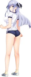 Rule 34 | 1girl, absurdres, ass, blue eyes, blush, full body, game cg, gym shirt, hibiki works, highres, iizuki tasuku, long hair, looking back, official art, shirt, shoes, short sleeves, silver hair, simple background, smile, sneakers, solo, standing, suiren to shion, transparent background, two side up, wakami shion