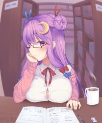 Rule 34 | 1girl, alternate costume, artist name, bad id, bad pixiv id, bespectacled, black-framed eyewear, blue bow, blue ribbon, blush, book, bookshelf, bow, breasts, cardigan, coffee, commentary request, contemporary, crescent, crescent hair ornament, cup, double bun, eraser, glasses, hair between eyes, hair bow, hair bun, hair ornament, hair ribbon, hand up, head rest, indoors, large breasts, long hair, long sleeves, looking at viewer, mechanical pencil, mug, no headwear, off shoulder, patchouli knowledge, pencil, pink cardigan, purple eyes, purple hair, red bow, red ribbon, ribbon, school uniform, shirt, sidelocks, solo, touhou, upper body, usagimiko, white shirt