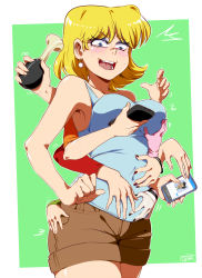 Rule 34 | 6+girls, arm around waist, artist name, bare shoulders, black nails, blonde hair, blue eyes, blush, bobby santiago, bracelet, grabbing another&#039;s breast, breast lift, breasts, cellphone, disembodied hand, earrings, everyone, extra arms, gloves, grabbing, highres, horn (instrument), horns, jcm2, jewelry, lana loud, large breasts, leni loud, lily loud, lincoln loud, lisa loud, lola loud, lori loud, luan loud, lucy loud, luna loud, lynn loud, makeup, multiple girls, nail polish, open mouth, phone, pink gloves, short shorts, shorts, siblings, signature, single horn, sisters, smartphone, smile, striped, striped sleeves, sweat, tank top, the loud house, tongue