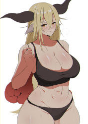 Rule 34 | 1girl, animal ears, arknights, bad id, bad pixiv id, bare arms, bare shoulders, black panties, blonde hair, boxing gloves, breasts, brown eyes, chinese commentary, cleavage, collarbone, commentary request, cowboy shot, crop top, degenbrecher (arknights), groin, hair between eyes, highres, horns, large breasts, long hair, looking at viewer, midriff, navel, panties, simple background, solo, sports bra, standing, stomach, sweat, underwear, white background, xllam