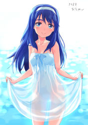 Rule 34 | 1girl, bare shoulders, blue eyes, blue hair, blush, dress, futaba aoi (vividred operation), hairband, highres, long hair, looking at viewer, matching hair/eyes, michairu, see-through, see-through silhouette, smile, solo, sundress, vividred operation