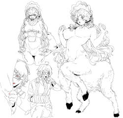 Rule 34 | 2girls, absurdres, ahoge, b9 (rrrqqq), bandaged arm, bandages, blush, bonnet, breasts, centaur, centauroid, eyepatch, food, full body, greyscale, hands up, highres, holding, inverted nipples, large breasts, long hair, looking at viewer, medical eyepatch, mole, mole on cheek, monochrome, monster girl, multiple girls, navel, nipples, nude, open mouth, original, pacifier, red eyes, short hair, simple background, sitting, spot color, taur, very long hair, white background