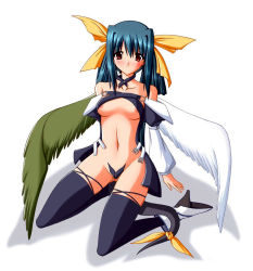 Rule 34 | 1girl, arc system works, asymmetrical wings, bare shoulders, black thighhighs, blue hair, boots, breasts, choker, detached sleeves, dizzy (guilty gear), guilty gear, hair ribbon, kneeling, maebari, nipple slip, nipples, red eyes, revealing clothes, ribbon, solo, tail, tail ornament, tail ribbon, thighhighs, twintails, wings