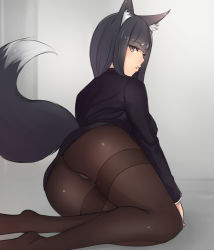 Rule 34 | 1girl, animal ear fluff, animal ears, ass, black hair, black pantyhose, bluefield, blunt bangs, fox ears, fox tail, grey background, kneeling, long sleeves, looking back, no shoes, original, pantyhose, parted lips, solo, tail, thighband pantyhose