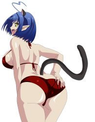 Rule 34 | 10s, 1girl, absurdres, ahoge, alternate costume, animal ears, artist request, ass, ass grab, back, bikini, blue hair, breasts, cat demon girl (shinmai maou no testament burst), cat ears, cat tail, cleavage, cowboy shot, embarrassed, halterneck, hand on own ass, heart, heart ahoge, highres, horns, large breasts, navel, red bikini, shinmai maou no testament, sideways mouth, solo, standing, swimsuit, tail, thighs, transparent background, yellow eyes