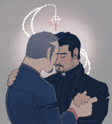 Rule 34 | absurdres, back, black hair, cassock, clerical collar, closed eyes, facial hair, forehead-to-forehead, goatee, grey hair, heads together, highres, holding hands, male focus, marcus keane, mature male, nollimet, priest, rosary, short hair, sideburns, solo, the exorcist, the exorcist (tv series), thick eyebrows, tomas ortega, upper body, wrinkled skin, yaoi