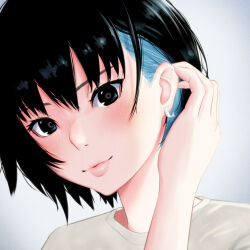 Rule 34 | 1girl, adjusting hair, amagami, black eyes, black hair, blue hair, blush, casual, close-up, closed mouth, colored inner hair, commentary, dolphin earrings, earrings, eyelashes, film grain, gradient background, hair behind ear, hair between eyes, highres, jewelry, lips, looking at viewer, multicolored hair, nanasaki ai, oshizu, portrait, ringed eyes, shirt, short hair, solo, t-shirt, two-tone hair, white background, white shirt