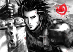 Rule 34 | 1990s (style), 1boy, black hair, blood, character name, copyright name, crisis core final fantasy vii, earrings, final fantasy, final fantasy vii, gaura (wildxbabe), greyscale, holding, holding sword, holding weapon, huge weapon, jewelry, male focus, monochrome, scar, shoulder pads, signature, spiked hair, spot color, sword, weapon, zack fair