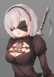 Rule 34 | 1girl, black dress, blindfold, breasts, cleavage, cleavage cutout, clothing cutout, covered eyes, dress, hairband, highres, juliet sleeves, long sleeves, medium breasts, mole, mole under mouth, nier (series), nier:automata, nugi (armenci), open mouth, puffy sleeves, short hair, silver hair, simple background, solo, sword, upper body, weapon, weapon on back, 2b (nier:automata)