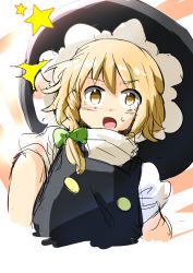 Rule 34 | &gt;:o, ^^^, 1girl, :o, blonde hair, bow, braid, from below, hair bow, hat, highres, kirisame marisa, looking at viewer, side braid, single braid, sketch, solo, touhou, turtleneck, usagi (touhopu2), v-shaped eyebrows, vest, witch hat, yellow eyes
