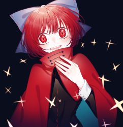 Rule 34 | 1girl, absurdres, black background, blue bow, bow, cape, cloak, dullahan, hair bow, highres, long sleeves, looking at viewer, open mouth, red cloak, red eyes, red hair, sekibanki, short hair, solo, star (symbol), toraneko 2, touhou