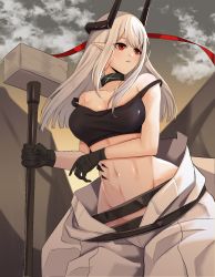 Rule 34 | 1girl, arknights, bare arms, bare shoulders, black choker, black gloves, breasts, choker, commentary request, cowboy shot, crop top, gloves, groin, hammer, highres, holding, holding hammer, holding weapon, horns, infection monitor (arknights), large breasts, long hair, material growth, midriff, mudrock (arknights), mudrock (elite ii) (arknights), navel, oripathy lesion (arknights), outdoors, pants, parted lips, pointy ears, red eyes, singwee, solo, sports bra, standing, stomach, strap slip, weapon, white hair, white pants