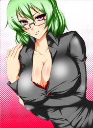 Rule 34 | 1girl, bad id, bad pixiv id, bespectacled, bra, breast hold, breasts, cleavage, female focus, glasses, green hair, iwamoto eiri, kazami yuuka, lace, lace-trimmed bra, lace trim, large breasts, lingerie, purple eyes, red bra, short hair, solo, touhou, underwear, upper body