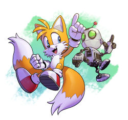 Rule 34 | 1boy, blue eyes, clank, evan stanley, fang, furry, furry male, gloves, green eyes, highres, humanoid robot, jumping, leg up, looking at another, male focus, multicolored fur, open mouth, pointy nose, ratchet &amp; clank, robot, shoes, smile, sonic (series), tails (sonic), teeth, tongue, topless male, white fur, yellow fur