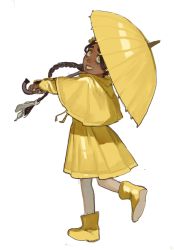 Rule 34 | 1girl, black hair, boots, braid, capelet, floating hair, from behind, full body, hair ribbon, highres, holding, holding umbrella, long hair, looking at viewer, looking back, mossacannibalis, original, raincoat, ribbon, simple background, smile, solo, standing, standing on one leg, umbrella, white background, yellow eyes, yellow footwear, yellow theme, yellow umbrella