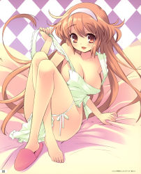 Rule 34 | 1girl, absurdres, alice (alice parade), alice parade, apron, barefoot, breasts, brown eyes, brown hair, cleavage, crossed legs, feet, hair between eyes, hairband, happy, highres, ito noizi, long hair, long legs, miori (alice parade), naked apron, shoes, single shoe, sitting, slippers, smile, solo, very long hair