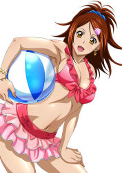 Rule 34 | 00s, 1girl, bachou mouki, ball, bra, breasts, brown hair, cleavage, hair ornament, hair scrunchie, holding, ikkitousen, looking at viewer, medium breasts, navel, open mouth, pink bra, scrunchie, sideboob, simple background, solo, underwear, white background, yellow eyes