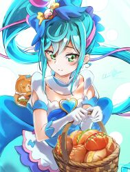 Rule 34 | 1girl, aqua hair, artist name, blue dress, blush, clear glass (mildmild1311), commentary request, cure spicy, delicious party precure, dress, earrings, eyelashes, food, fuwa kokone, gloves, gradient background, green eyes, hair ornament, happy, high side ponytail, highres, jewelry, long hair, looking at viewer, magical girl, multicolored hair, pam-pam (precure), pink hair, ponytail, precure, side ponytail, signature, smile, solo, standing, streaked hair, twitter username, white gloves