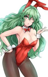 Rule 34 | 1girl, ;o, alternate costume, animal ears, armpits, bare shoulders, blowing kiss, bow, bowtie, breasts, cleavage, contrapposto, covered navel, cowboy shot, detached collar, fake animal ears, fishnet pantyhose, fishnets, green eyes, green hair, hand on own hip, highres, kazami yuuka, kazami yuuka (pc-98), large breasts, leotard, long hair, looking at viewer, one-hour drawing challenge, one eye closed, pantyhose, parted lips, playboy bunny, rabbit ears, red bow, red bowtie, red leotard, sideboob, solo, standing, touhou, touhou (pc-98), very long hair, wavy hair, wrist cuffs, y2