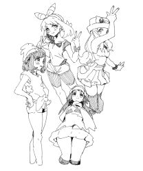 Rule 34 | 4girls, ankea (a-ramo-do), arm up, arms behind back, bare shoulders, beanie, bike shorts, blush, bracelet, breasts, closed mouth, collarbone, creatures (company), cropped legs, dawn (pokemon), eyewear on headwear, female focus, fingernails, flat chest, floral print, game freak, greyscale, hairband, hands on own hips, hands up, happy, hat, highres, jewelry, legs together, long hair, looking at viewer, may (pokemon), may (pokemon oras), monochrome, multiple girls, nintendo, pleated skirt, poke ball symbol, poke ball theme, pokemon, pokemon dppt, pokemon oras, pokemon sm, pokemon xy, scarf, selene (pokemon), serena (pokemon), shirt, short hair, short shorts, short sleeves, shorts, simple background, sketch, skindentation, skirt, sleeveless, sleeveless shirt, small breasts, smile, standing, sunglasses, thighhighs, v, w, white background, zettai ryouiki