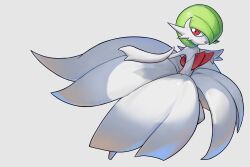 Rule 34 | 1girl, bare shoulders, bob cut, colored skin, creatures (company), dress, elbow gloves, female focus, flat chest, full body, game freak, gardevoir, gen 3 pokemon, gloves, green hair, grey background, hair over one eye, highres, kulolin, looking to the side, mega gardevoir, mega pokemon, nintendo, one eye covered, open mouth, pokemon, pokemon (creature), red eyes, short hair, simple background, solo, standing, strapless, strapless dress, white dress, white gloves, white skin