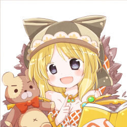 Rule 34 | 1girl, :d, argyle, argyle clothes, argyle dress, black eyes, blonde hair, blush, book, breasts, brown hat, cleavage, commentary request, fingernails, fur collar, futami yayoi, hat, highres, holding, holding book, long hair, looking at viewer, medium bangs, medium breasts, open mouth, ragnarok online, simple background, smile, solo, sorcerer (ragnarok online), stuffed animal, stuffed toy, teddy bear, teddy bear (ragnarok online), upper body, white background
