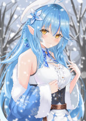 Rule 34 | 1girl, ahoge, bare shoulders, bare tree, beret, blue bow, blue hair, blue neckwear, blurry, blurry background, blush, bow, braid, branch, breasts, center frills, closed mouth, commentary request, corset, depth of field, flower, french braid, frills, fur-trimmed jacket, fur trim, hair between eyes, hair flower, hair ornament, half updo, hand up, hat, head tilt, highres, hikashou, hololive, jacket, large breasts, long hair, looking at viewer, outdoors, pointy ears, smile, snow, snowing, solo, tree, upper body, virtual youtuber, white hat, wide sleeves, winter, yellow eyes, yukihana lamy