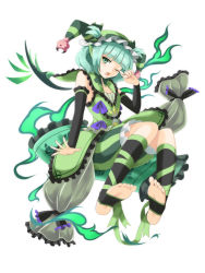 Rule 34 | 1girl, aqua hair, arm warmers, astaroth (p&amp;d), bare shoulders, black bow, bloomers, blush, bow, demon girl, demon horns, detached wings, fingernails, flan (zhd91), frilled bow, frills, full body, green bloomers, green eyes, hat, highres, horns, jester cap, leg warmers, one eye closed, open mouth, pants, pillow, puffy pants, purple bow, puzzle &amp; dragons, short hair, simple background, sleeveless, solo, striped clothes, striped pants, underwear, white background, wings