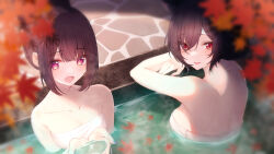 Rule 34 | 2girls, :d, absurdres, afloat leaves, alternate hairstyle, animal ear fluff, animal ears, autumn leaves, back, bare shoulders, black hair, blurry, blurry foreground, blush, breasts, cat ears, cleavage, collarbone, commentary request, cross-shaped pupils, cupping hands, eyes visible through hair, from above, gradient eyes, hair between eyes, hair bun, highres, hina misora, large breasts, leaf, leaf on liquid, light blush, looking at viewer, medium breasts, medium hair, megurumiru, mitsurugi lia, multicolored eyes, multicolored hair, multiple girls, naked towel, onsen, open mouth, own hands together, partially submerged, pink eyes, raised eyebrows, red eyes, sidelocks, smile, steam, stone floor, symbol-shaped pupils, towel, towel around breasts, virtual youtuber, wactor production, water, white towel, yellow eyes