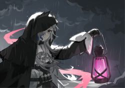 Rule 34 | 1girl, absurdres, arknights, ascot, belt, black dress, black gloves, closed mouth, cloud, cloudy sky, dress, fire, gloves, grey eyes, grey hair, head wings, highres, holding, holding lantern, hood, hood up, irene (arknights), lantern, long hair, long sleeves, looking at viewer, outdoors, purple fire, rain, sky, smile, solo, spoilers, tentacles, upper body, white ascot, wings, xhcohiyc