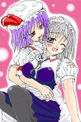 Rule 34 | 2girls, biting, blue eyes, blush, breasts, couple, ear biting, female focus, hat, izayoi sakuya, looking at another, maid, maid headdress, multiple girls, oekaki, one eye closed, open mouth, pantyhose, puffy short sleeves, puffy sleeves, red eyes, remilia scarlet, ribbon, short hair, short sleeves, silver hair, simple background, smile, touhou, wince, wink, yuri