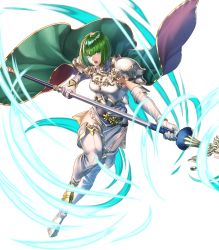 Rule 34 | 1girl, armor, belt, black thighhighs, boots, breastplate, dithorba (fire emblem), dress, elbow gloves, female focus, fire emblem, fire emblem: genealogy of the holy war, fire emblem heroes, full body, gloves, gold trim, green eyes, green hair, high heels, highres, holding, holding polearm, holding spear, holding weapon, leg up, matching hair/eyes, nintendo, official art, open mouth, polearm, short dress, short hair, shoulder armor, sleeveless, solo, spear, thigh boots, thighhighs, thighs, transparent background, turtleneck, weapon, white dress, white footwear, white gloves, yoneko okome99, zettai ryouiki