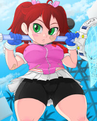 Rule 34 | 1girl, alternate breast size, arms up, bandaid, bike shorts, bike shorts under skirt, breasts, brown hair, cameltoe, covered erect nipples, female focus, from below, gloves, green eyes, hand on own hip, jacket, large breasts, looking at viewer, net, red hair, saru getchu, sayaka (saru getchu), shoes, short twintails, shorts, shorts under skirt, skirt, solo, thick thighs, thighs, twintails