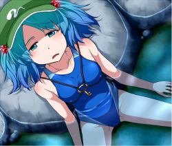 Rule 34 | 1girl, blue eyes, blue hair, competition swimsuit, covered erect nipples, female focus, flat chest, hair bobbles, hair ornament, hat, kawashiro nitori, key, matching hair/eyes, mendou saya, one-piece swimsuit, short hair, solo, swimsuit, touhou, twintails, two side up