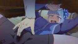 Rule 34 | 1boy, 1girl, bed, bed sheet, bike shorts, black shorts, blue eyes, blue hair, blush, breasts, covered erect nipples, flower, hair flower, hair ornament, hetero, indoors, isekai ojisan, keihh, large breasts, long hair, long sleeves, lying, mabel raybert, matching hair/eyes, on back, open mouth, pillow, shibazaki yousuke, shorts, smile, spread legs, through clothes, wet