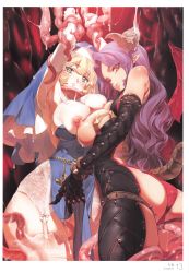 Rule 34 | 2girls, absurdres, armpits, asymmetrical docking, bare shoulders, black gloves, blonde hair, blush, breast press, breasts, breasts out, cross, demon girl, demon horns, elbow gloves, garter belt, garter straps, gloves, gluteal fold, green eyes, habit, highres, horns, lace, lace-trimmed legwear, lace trim, large breasts, long hair, looking at viewer, looking back, multiple girls, nipples, no bra, nun, original, panties, pointy ears, purple hair, scan, sister mary, skindentation, slit pupils, demon girl, succubus paum, sweat, tail, tentacles, thigh strap, thighhighs, underwear, white gloves, white legwear, wings, yd (orange maru), yuri, zipper
