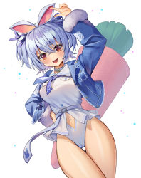 Rule 34 | 1girl, :d, absurdres, adapted costume, animal ears, arm up, bad id, bad pixiv id, belt, blue hair, blue jacket, blue neckerchief, blue ribbon, blush, breast pocket, brown eyes, cameltoe, carrot, clothing cutout, collar, commentary, cowboy shot, crossed bangs, denim, denim jacket, dutch angle, from below, fur-trimmed jacket, fur trim, hair ribbon, highres, hololive, index finger raised, jacket, leotard, long sleeves, looking at viewer, navel, navel cutout, neckerchief, obu (da1103ll), official alternate costume, open clothes, open jacket, open mouth, pocket, purple ribbon, rabbit-shaped pupils, rabbit ears, rabbit girl, ribbon, sailor collar, shiny skin, short eyebrows, short hair, sidelocks, smile, solo, standing, symbol-shaped pupils, thick eyebrows, thigh gap, thighs, two side up, unbuttoned, usada pekora, usada pekora (casual), virtual youtuber, white background, white belt, white collar, white leotard, white sailor collar