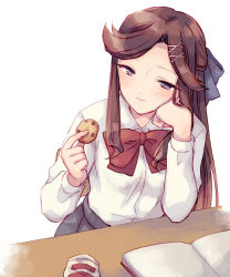 Rule 34 | 1girl, blue bow, blush, book, bow, bowtie, brown hair, chair, chocolate chip cookie, closed mouth, collared shirt, commentary request, cookie, dress shirt, food, grey skirt, hair bow, hair ornament, hand on own cheek, hand on own face, hands up, head rest, holding, holding cookie, holding food, light smile, long hair, long sleeves, looking at food, on chair, open book, parted bangs, pleated skirt, purple eyes, red bow, red bowtie, school uniform, seishou music academy uniform, shirt, shirt tucked in, shoujo kageki revue starlight, sidelocks, simple background, sitting, skirt, solo, table, tendou maya, wato (ko), white background, white shirt, x hair ornament