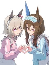Rule 34 | 2girls, absurdres, admire vega (umamusume), animal ears, apron, blue jacket, braid, brown hair, closed mouth, curren chan (umamusume), ear covers, frilled hairband, frills, frown, grey hair, hairband, hands up, heart, heart hands, heart hands duo, highres, horse ears, jacket, jersey maid, long hair, long sleeves, looking at viewer, maid, maid apron, maid headdress, multiple girls, pink eyes, pink jacket, raised eyebrows, simple background, smile, track jacket, twin braids, umamusume, unconventional maid, upper body, watou, white background