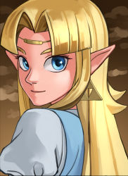 Rule 34 | 1girl, blonde hair, blue dress, blue eyes, dress, earrings, elf, grin, highres, jewelry, long hair, looking at viewer, looking back, nintendo, nose, pointy ears, princess zelda, sidelocks, smile, solo, standing, the legend of zelda, the legend of zelda: a link to the past, triforce, upper body