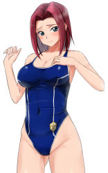 Rule 34 | 1girl, ashford academy swimsuit, blue eyes, blue one-piece swimsuit, breasts, cleavage, code geass, covered navel, cowboy shot, highleg, highleg swimsuit, highres, kouzuki kallen, large breasts, looking at viewer, multicolored clothes, one-piece swimsuit, red hair, revision, school swimsuit, short hair, simple background, solo, standing, super robot wars, swimsuit, white background, yoo tenchi