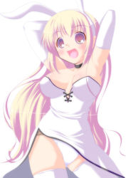 Rule 34 | 1girl, animal ears, armpits, arms up, breasts, choker, cleavage, dress, elbow gloves, gloves, large breasts, long hair, open mouth, panties, pantyshot, rabbit ears, rabbit girl, solo, standing, strapless, thighhighs, underwear, very long hair, white dress, white panties, white thighhighs, yoshinari atsushi