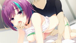 Rule 34 | 1girl, all fours, aqua hair, aria (koiiroharemoyou), bare shoulders, black choker, black shirt, blush, bra, bra lift, breasts, choker, closed mouth, clothed sex, clothes lift, collarbone, commentary request, doggystyle, drooling, eyelashes, eyes visible through hair, foreshortening, furrowed brow, green bra, green panties, hair between eyes, hair ornament, hairclip, hanging breasts, hetero, highres, ibaraki rino, ibuki kanato, indoors, large breasts, legs, looking afar, mouth drool, multicolored hair, muscular, muscular male, naughty face, nipples, no eyes, on bed, open mouth, panties, panty pull, parquet (yuzusoft), purple eyes, purple hair, pussy juice, sex, sex from behind, shiny skin, shirt, shirt lift, short hair, short sleeves, sleeveless, sleeveless shirt, solo, solo focus, streaked hair, tongue, tongue out, underwear, white hair, white shirt