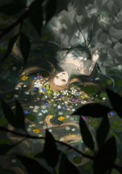 Rule 34 | 1girl, afloat, bakgae, blurry, brown hair, dappled sunlight, depth of field, dress, fine art parody, floating, flower, from above, green eyes, green ribbon, highres, lips, long hair, nature, nose, ophelia (painting), outdoors, parody, partially submerged, petals, ribbon, solo, sunlight, traditional media, very long hair, water