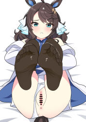 Rule 34 | 1girl, absurdres, ahoge, animal ears, bar censor, bed, blue eyes, breasts, censored, closed mouth, commentary request, daring tact (umamusume), feet, foot focus, foreshortening, hair between eyes, hair ornament, highres, horse ears, horse girl, horse tail, looking at viewer, louche, medium breasts, medium hair, panties, presenting foot, pussy, soles, solo, tail, thighhighs, toes, umamusume, underwear