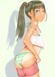 Rule 34 | 1girl, ass, bikini, camisole, clothes pull, commentary request, flat chest, green bikini, green eyes, green hair, highres, long hair, looking at viewer, original, short shorts, shorts, shorts pull, side ponytail, smile, solo, striped bikini, striped clothes, swimsuit, tan, tanline, uzuki mei