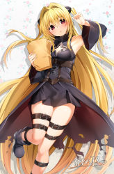 Rule 34 | 1girl, black dress, black footwear, blonde hair, closed mouth, clothing cutout, detached sleeves, dress, hair intakes, hand in own hair, highres, holding, konjiki no yami, long hair, looking at viewer, nakano maru, red eyes, simple background, solo, thigh strap, to love-ru, very long hair, white background
