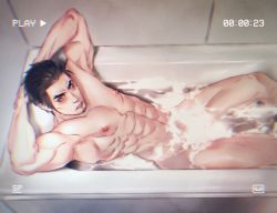 Rule 34 | 1boy, abs, arms behind back, bara, bath, bathing, bathtub, black hair, blush, bubble bath, completely nude, convenient censoring, facial hair, indoors, kiryu kazuma, looking at viewer, lying, male focus, mogumogu (563chan), muscular, muscular male, navel, nipples, nude, on back, parted lips, pectorals, recording, ryuu ga gotoku (series), short hair, sideburns, solo, thick thighs, thighs